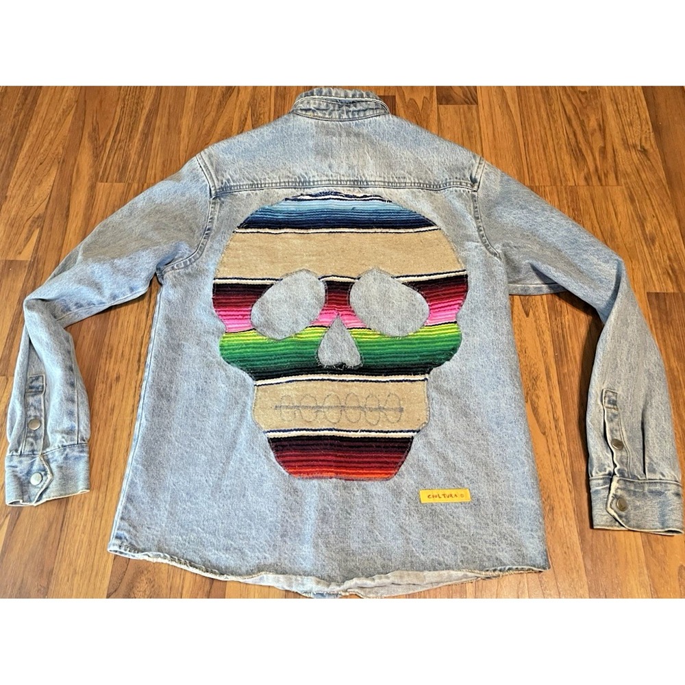 Forever 21 Men Denim Shirt Light Wash Serape Skull Patch Cooltura Blue Small